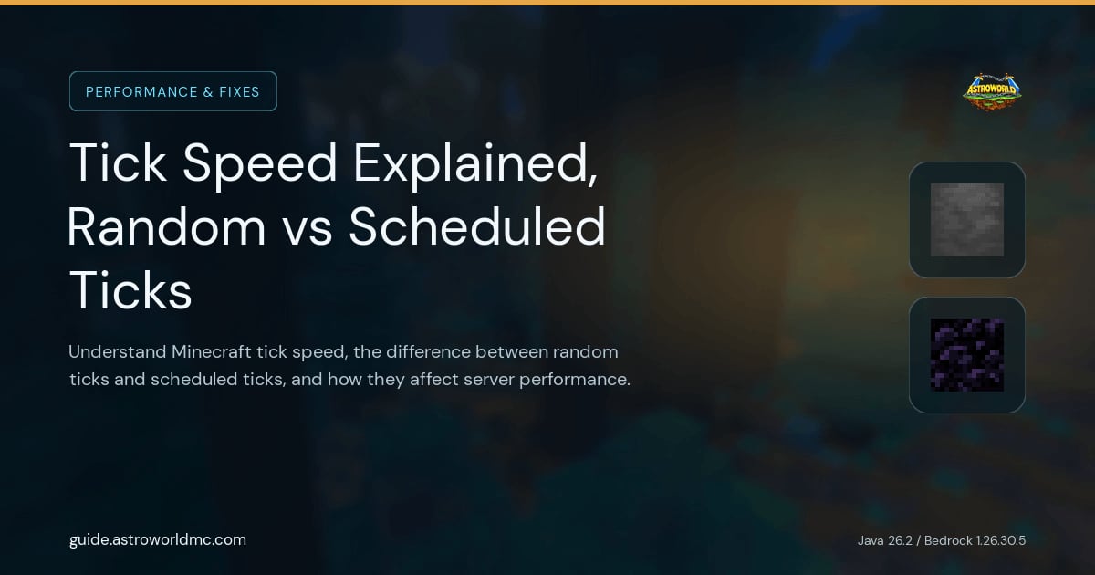 Tick Speed Explained, Random vs Scheduled Ticks: Understand Minecraft tick speed, the difference between random ticks and scheduled ticks, and how they affect server performance.