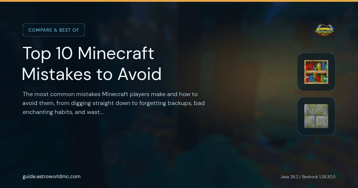 Top 10 Minecraft Mistakes to Avoid: The most common mistakes Minecraft players make and how to avoid them, from digging straight down to forgetting backups, bad enchanting habits, and wasting diamonds.