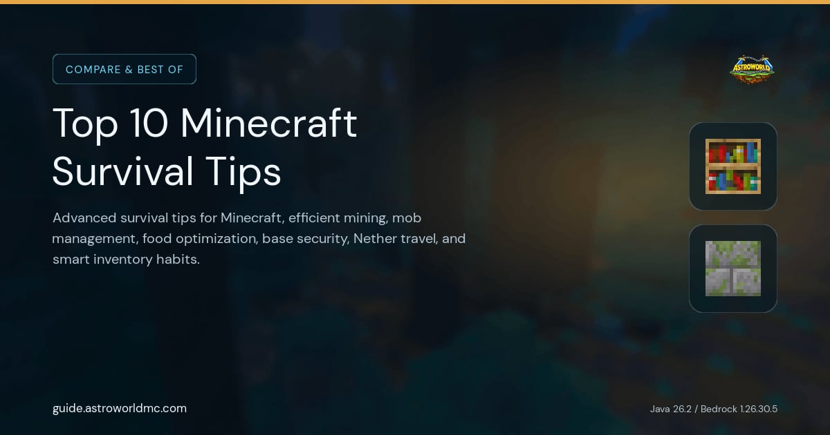 Top 10 Minecraft Survival Tips: Advanced survival tips for Minecraft, efficient mining, mob management, food optimization, base security, Nether travel, and smart inventory habits.