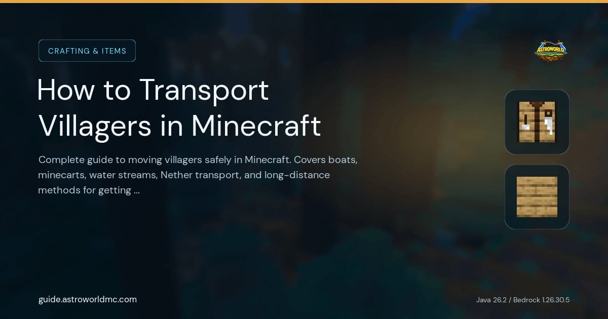 How to Transport Villagers in Minecraft: Complete guide to moving villagers safely in Minecraft. Covers boats, minecarts, water streams, Nether transport, and long-distance methods for getting villagers where you need them.