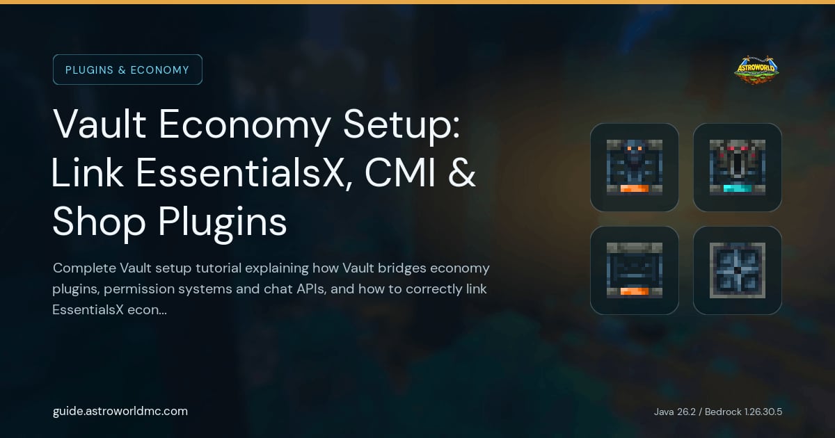 Vault Economy Setup: Link EssentialsX, CMI & Shop Plugins: Complete Vault setup tutorial explaining how Vault bridges economy plugins, permission systems and chat APIs, and how to correctly link EssentialsX economy, CMI, ShopGUIPlus and LuckPerms.