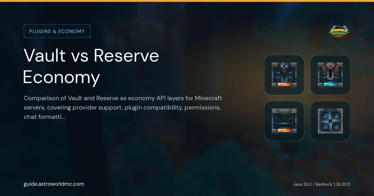 Vault vs Reserve Economy: Comparison of Vault and Reserve as economy API layers for Minecraft servers, covering provider support, plugin compatibility, permissions, chat formatting, and migration paths.