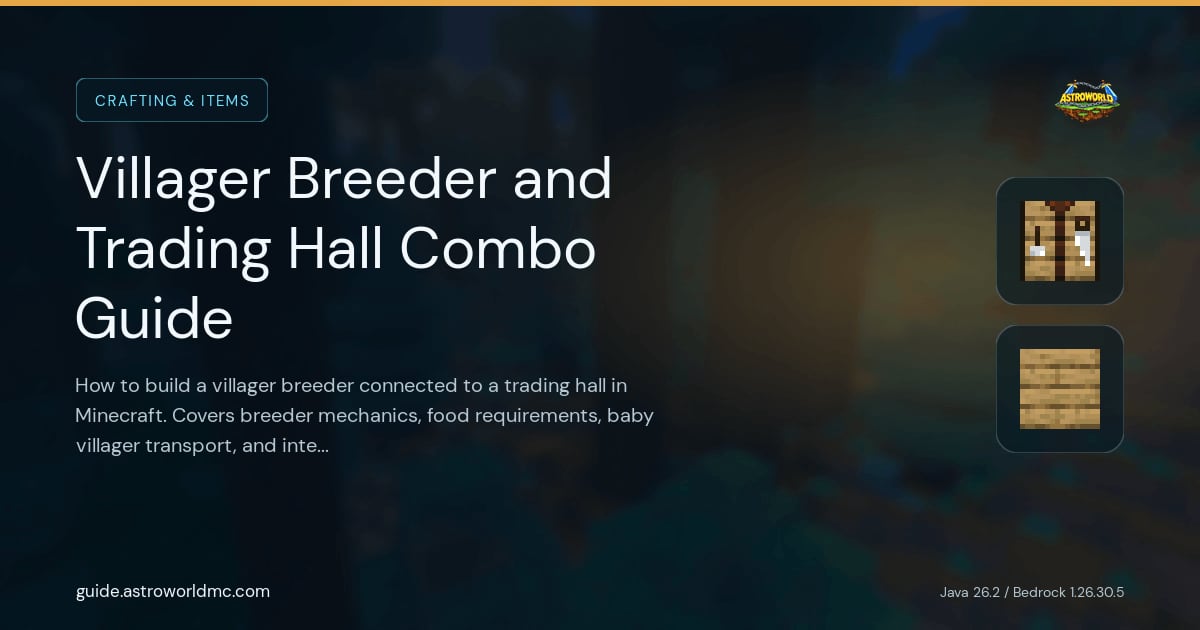 Villager Breeder and Trading Hall Combo Guide: How to build a villager breeder connected to a trading hall in Minecraft. Covers breeder mechanics, food requirements, baby villager transport, and integration with your trading hall.