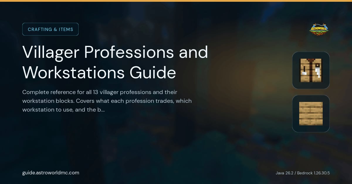Villager Professions and Workstations Guide: Complete reference for all 13 villager professions and their workstation blocks. Covers what each profession trades, which workstation to use, and the best professions for survival.