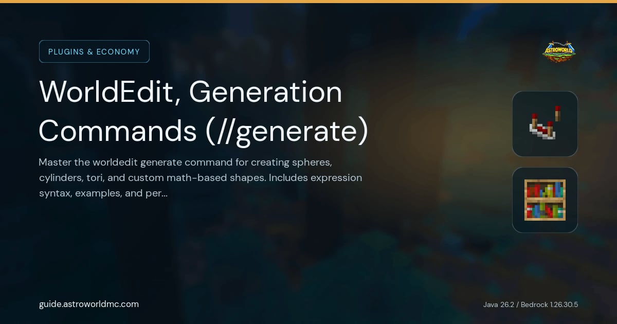 WorldEdit, Generation Commands (//generate): Master the worldedit generate command for creating spheres, cylinders, tori, and custom math-based shapes. Includes expression syntax, examples, and performance tips.