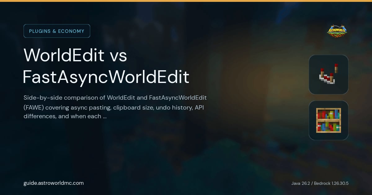 WorldEdit vs FastAsyncWorldEdit: Side-by-side comparison of WorldEdit and FastAsyncWorldEdit (FAWE) covering async pasting, clipboard size, undo history, API differences, and when each plugin is the right pick for your Minecraft server.