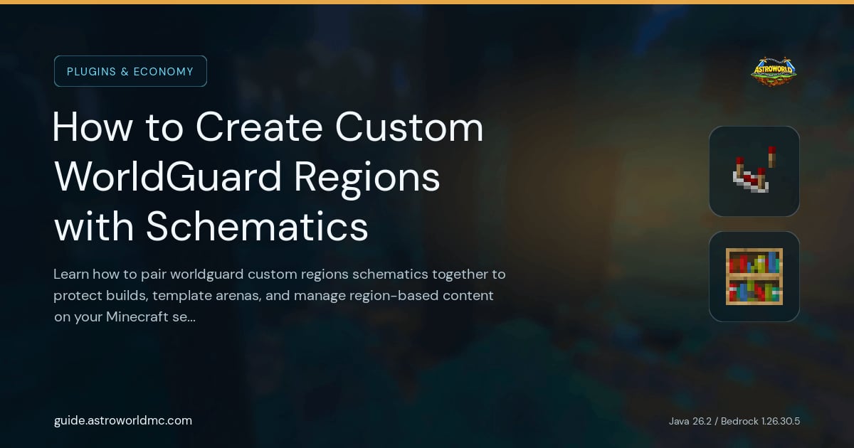 How to Create Custom WorldGuard Regions with Schematics: Learn how to pair worldguard custom regions schematics together to protect builds, template arenas, and manage region-based content on your Minecraft server.